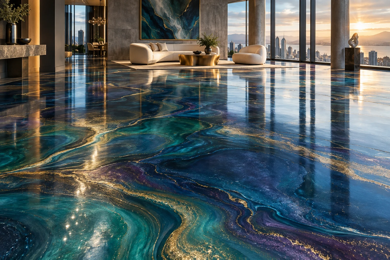 Digital color study of a jewel-toned epoxy floor