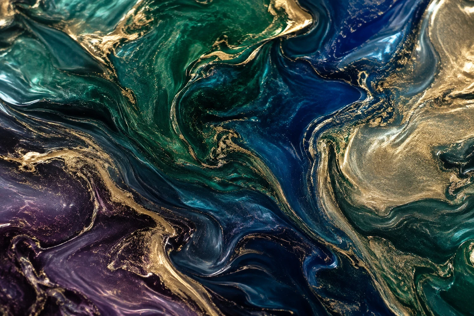 Macro concept of emerald, sapphire, amethyst and champagne metallic resin marbling